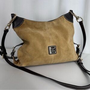 Vintage 90s Dooney & Bourke Nubuck Hobo Bag Tan Brown Leather Trim Pink Lining
